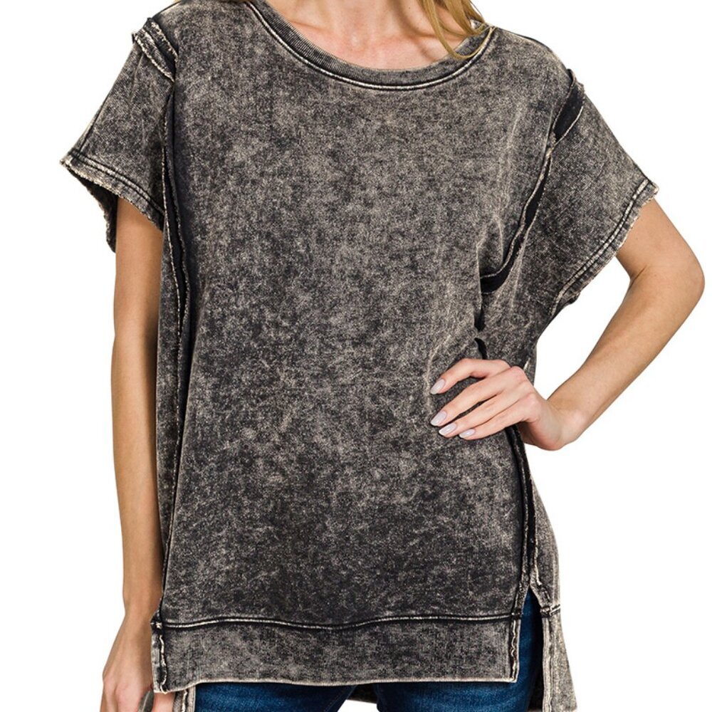 Zenana French Terry Acid Washed Short Sleeve HI-LOW Top, Ash Black
